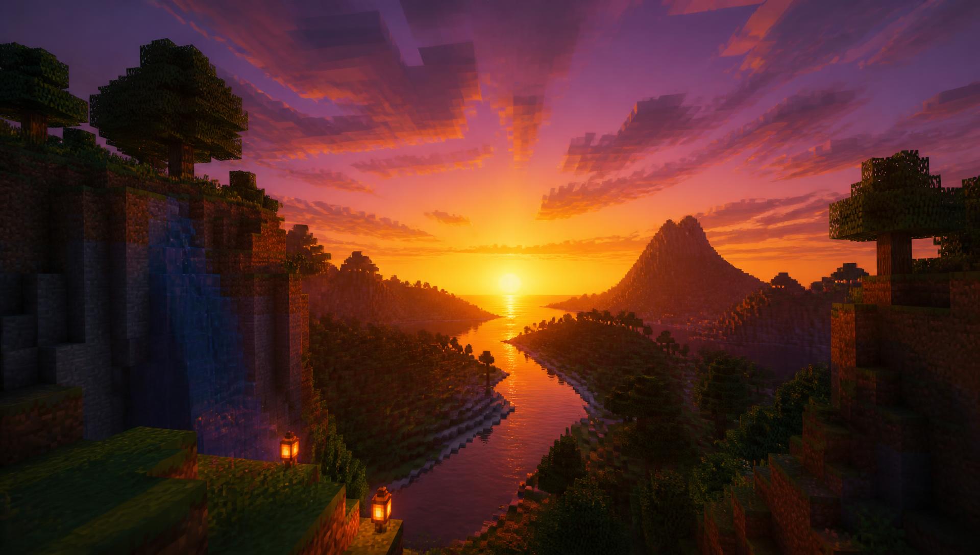 Minecraft-style voxel landscape at sunset